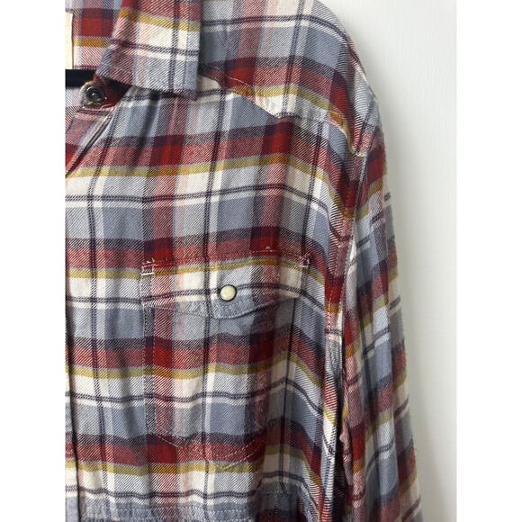 Lucky Brand Flannel Shirt Ruffle L Burgundy & Grey Plaid Peplum Ruffle Button B8 - Picture 3 of 9
